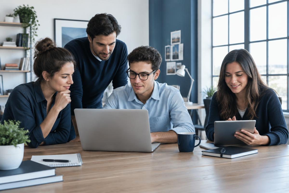 Equipa a trabalhar com computador e tablet